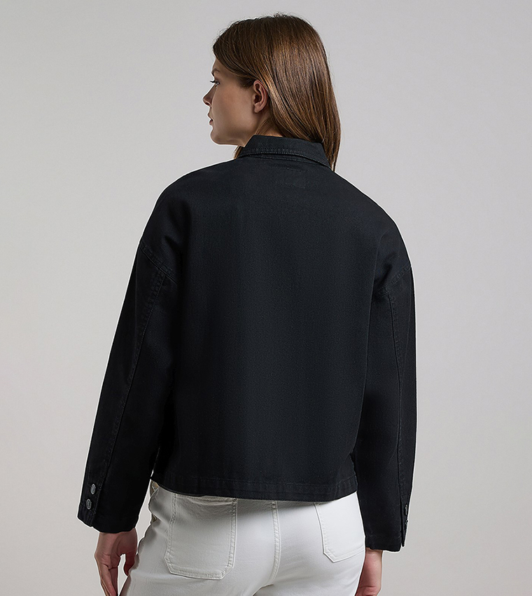 Solid Denim Jacket with Button Closure