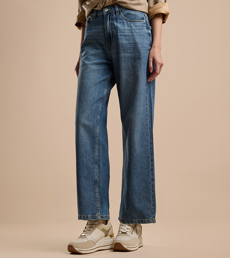 Faded Baggy Jeans with Button Closure