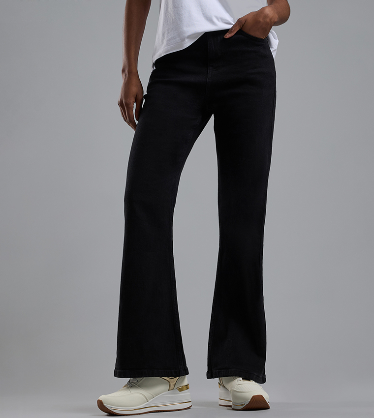 Solid Flared Jeans with Button Closure