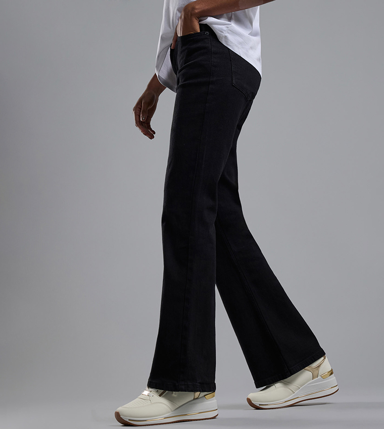 Solid Flared Jeans with Button Closure