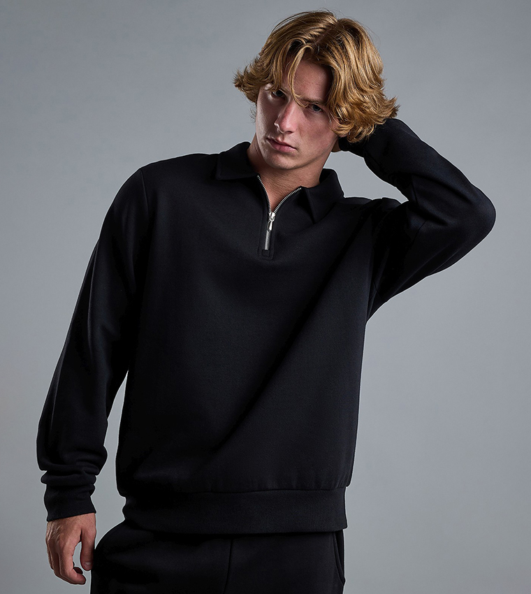 Solid Sweatshirt with Shirt Collar and Long Sleeves