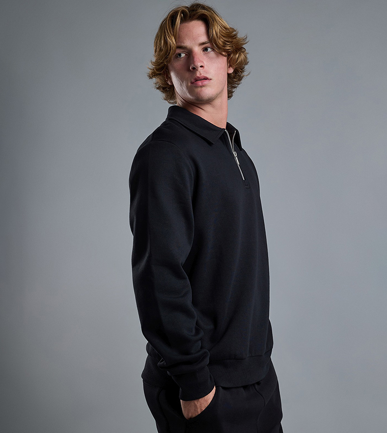 Solid Sweatshirt with Shirt Collar and Long Sleeves