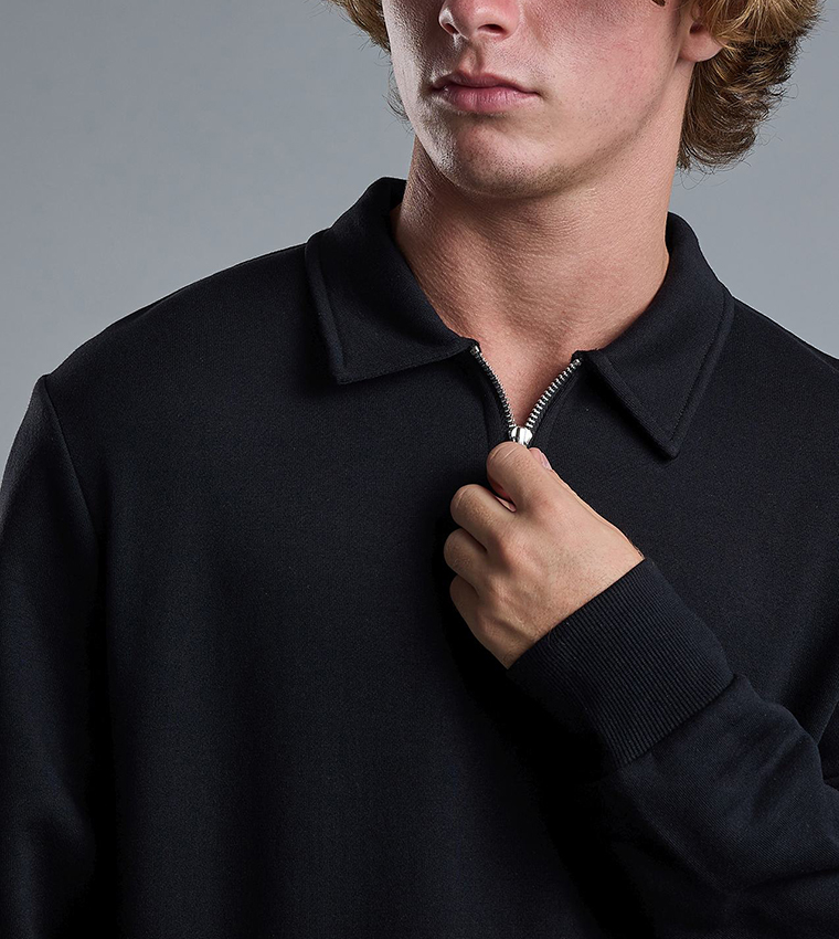 Solid Sweatshirt with Shirt Collar and Long Sleeves