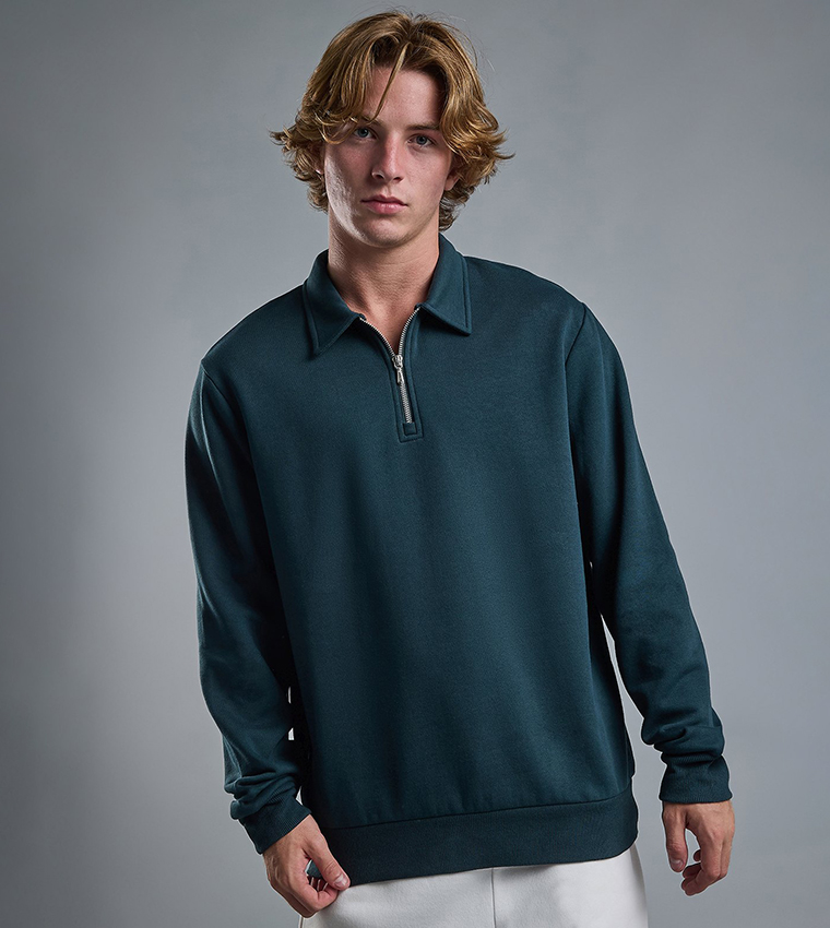 Solid Sweatshirt with Shirt Collar and Long Sleeves