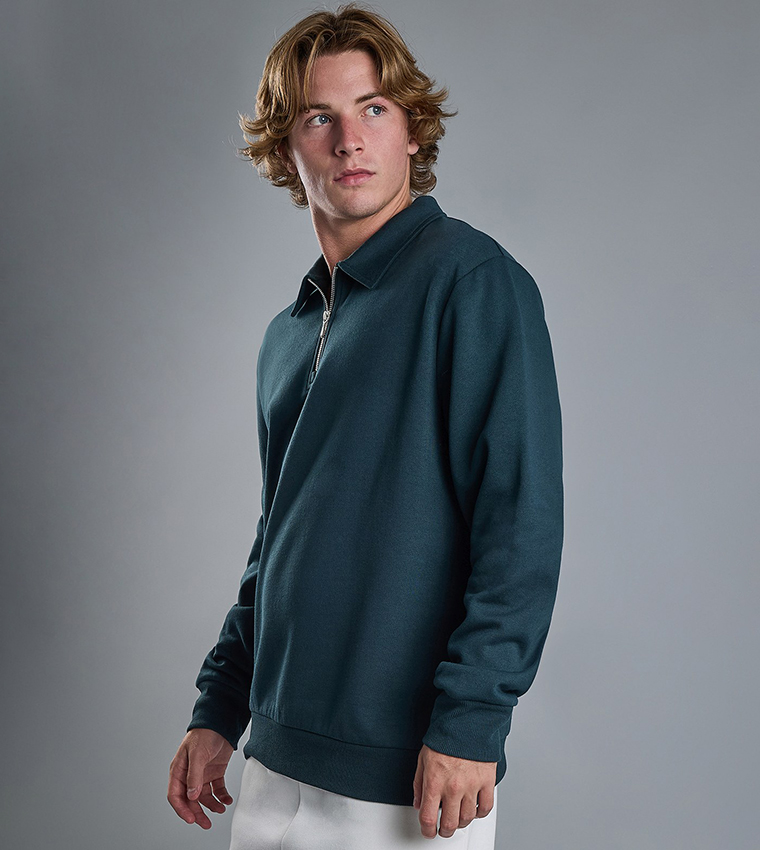 Solid Sweatshirt with Shirt Collar and Long Sleeves
