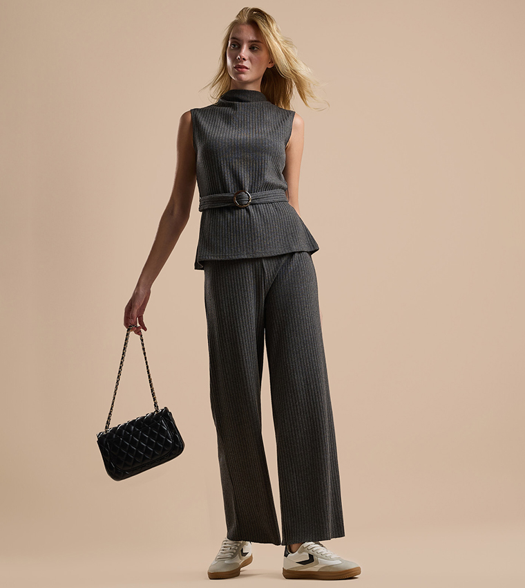 Ribbed Wide Leg Pants with Elastic Waist