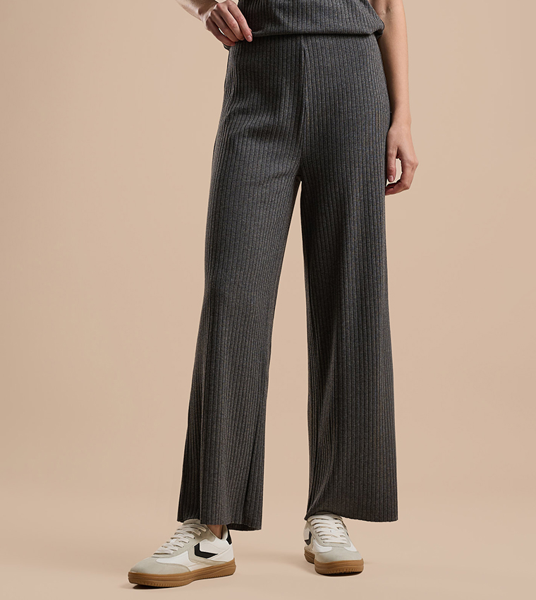 Ribbed Wide Leg Pants with Elastic Waist