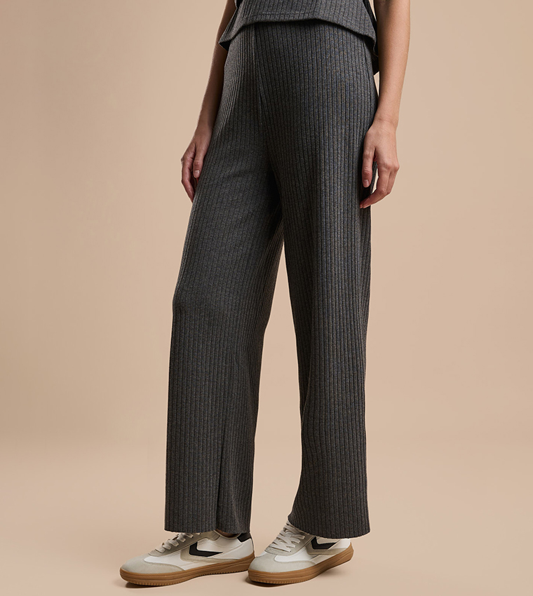 Ribbed Wide Leg Pants with Elastic Waist