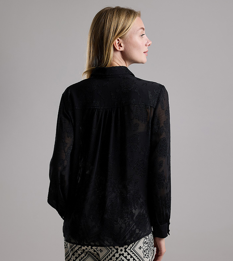 Self Patterned Shirt with Classic Collar and Long Sleeves