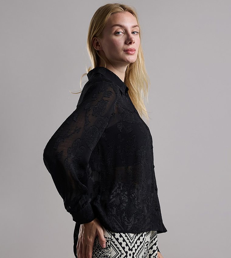 Self Patterned Shirt with Classic Collar and Long Sleeves