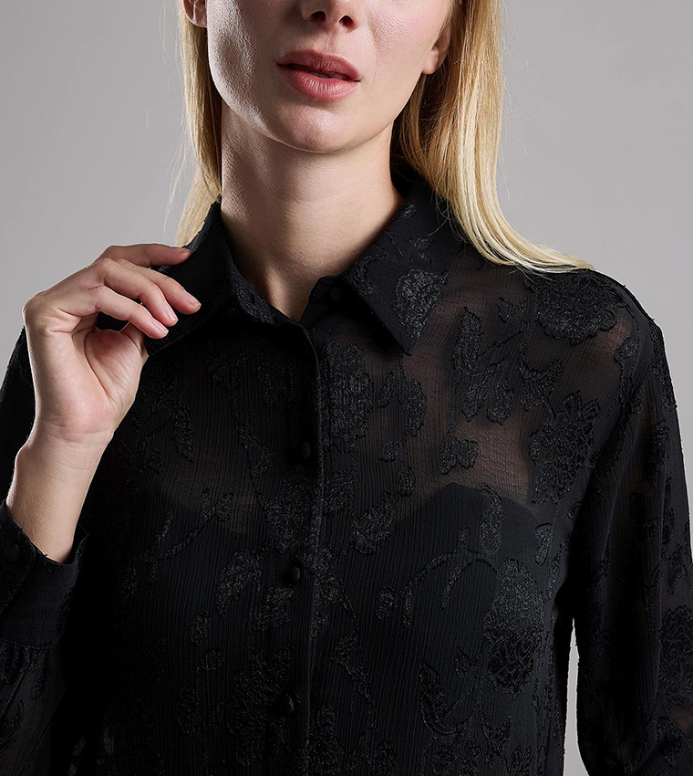 Self Patterned Shirt with Classic Collar and Long Sleeves