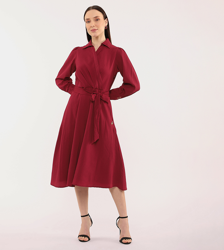 Belted Long Sleeves Wrap Shirt Dress