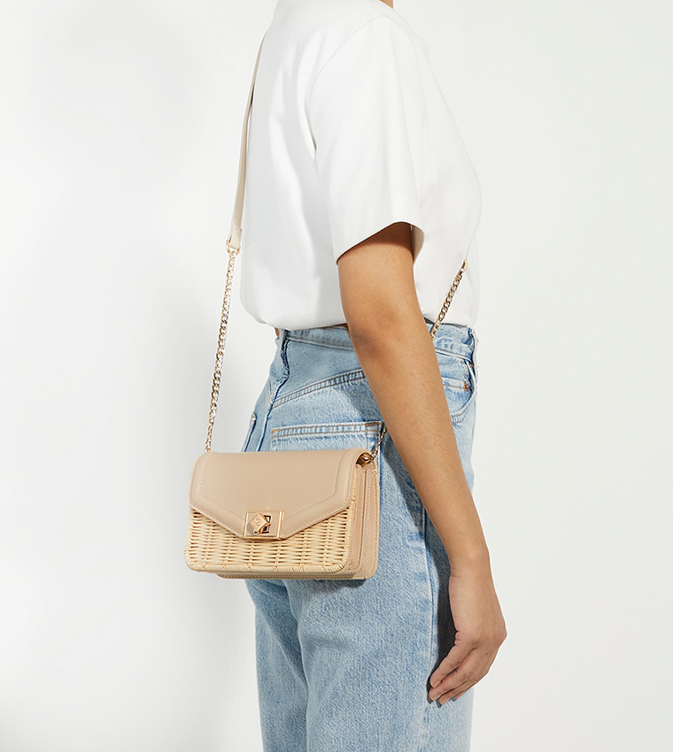 DASSIA Twist Lock Straw Crossbody Bag
