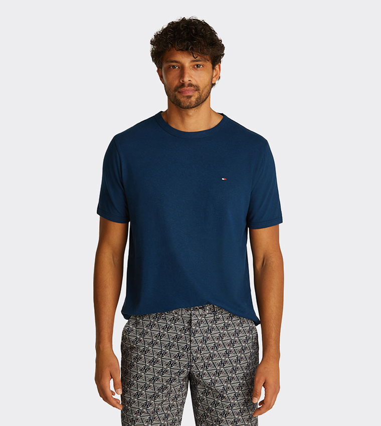 Flag Detail Linen Crew Neck T-Shirt