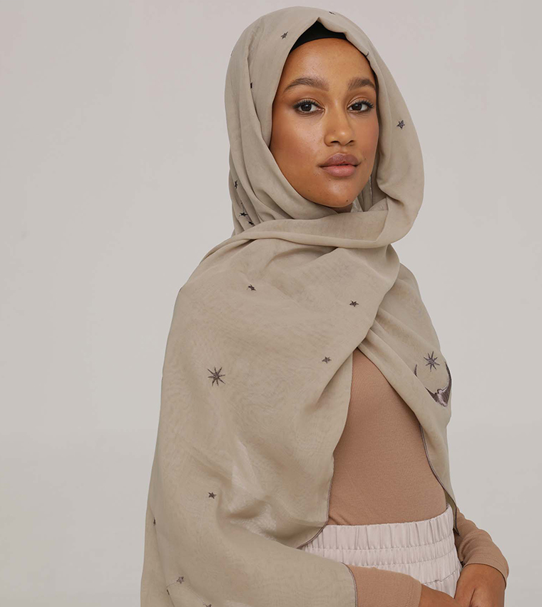 Buy Foulard THURAYA Embroidered Hijab Scarf In Beige 6thStreet