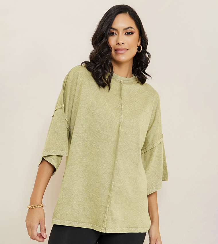 Oversized Exaggerated Sleeves Washed T-Shirt with Exposed Seam