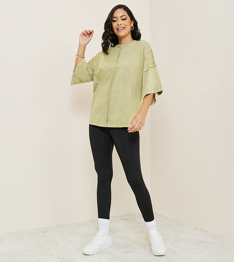 Oversized Exaggerated Sleeves Washed T-Shirt with Exposed Seam