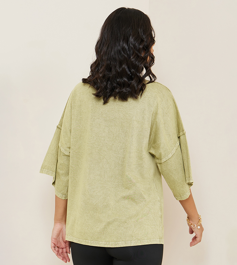 Oversized Exaggerated Sleeves Washed T-Shirt with Exposed Seam