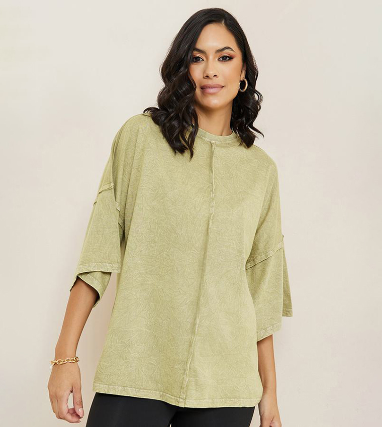 Oversized Exaggerated Sleeves Washed T-Shirt with Exposed Seam