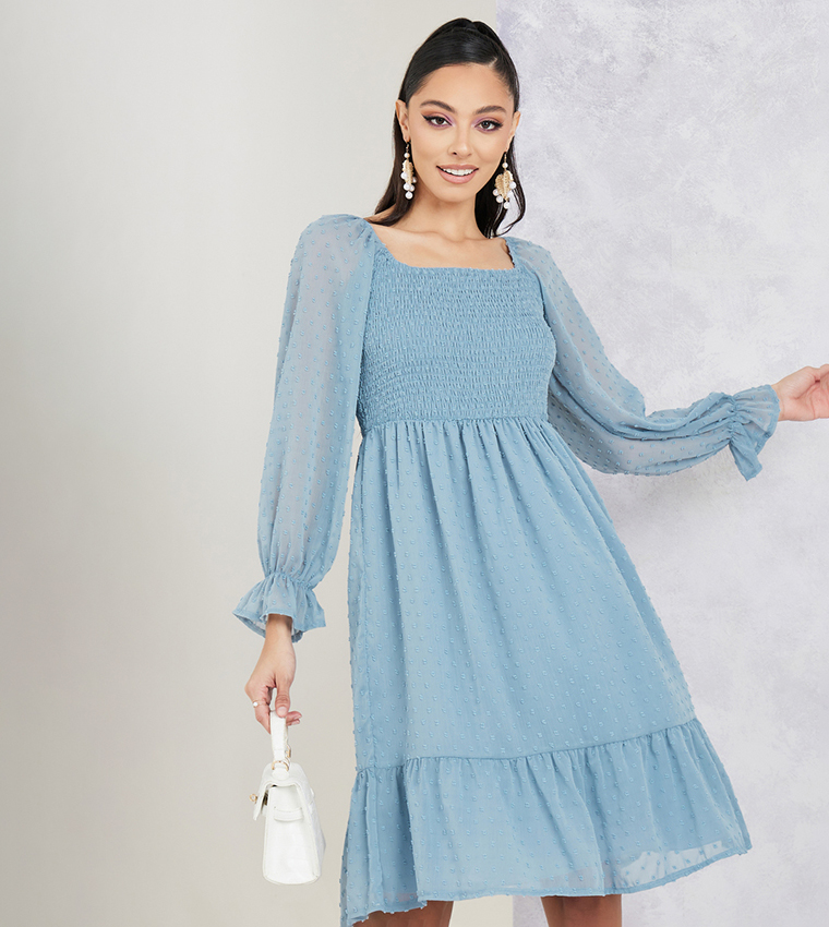 Buy Styli Smocked Knee Length Dress With Long Sleeves In Blue | 6thstreet  Saudi Arabia