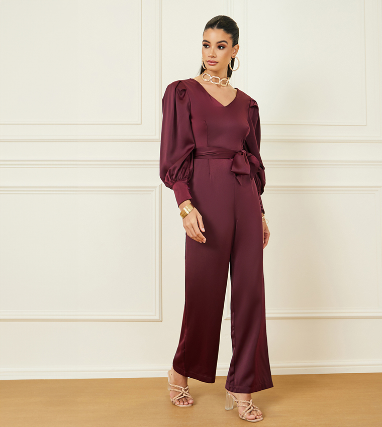 Buy Styli Satin Wide Leg Jumpsuit With Self Tie In Burgundy 6thStreet Saudi Arabia