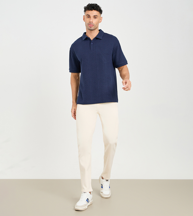Textured Knit Reverse Collar Oversized Polo T-Shirt