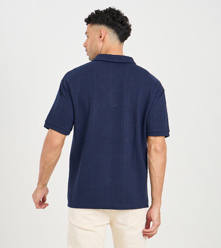 Textured Knit Reverse Collar Oversized Polo T-Shirt