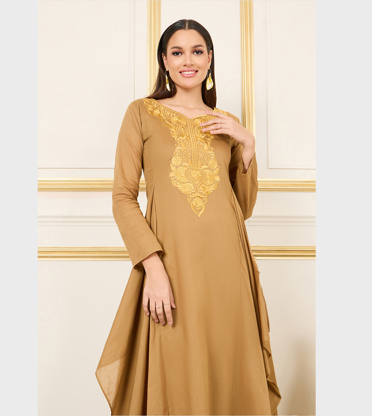 Embroidered Neck Side Overlay A-Line Maxi Dress