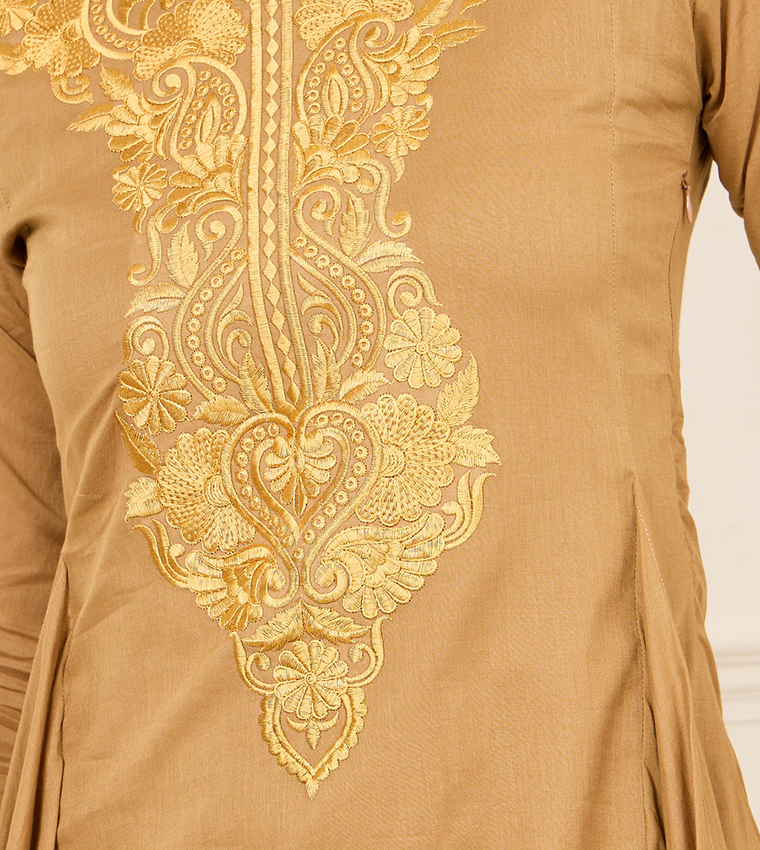 Embroidered Neck Side Overlay A-Line Maxi Dress