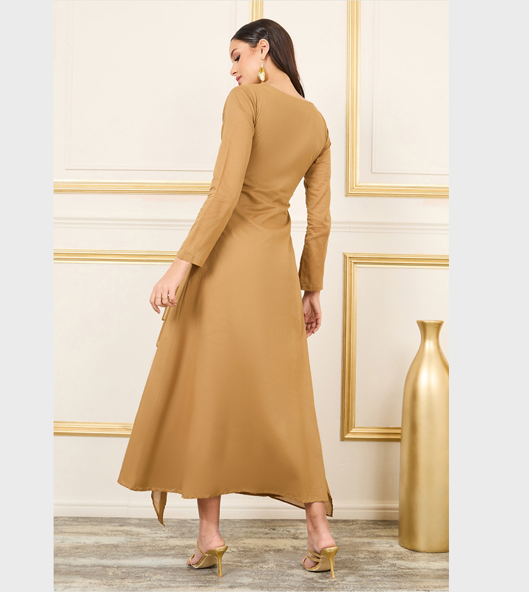 Embroidered Neck Side Overlay A-Line Maxi Dress
