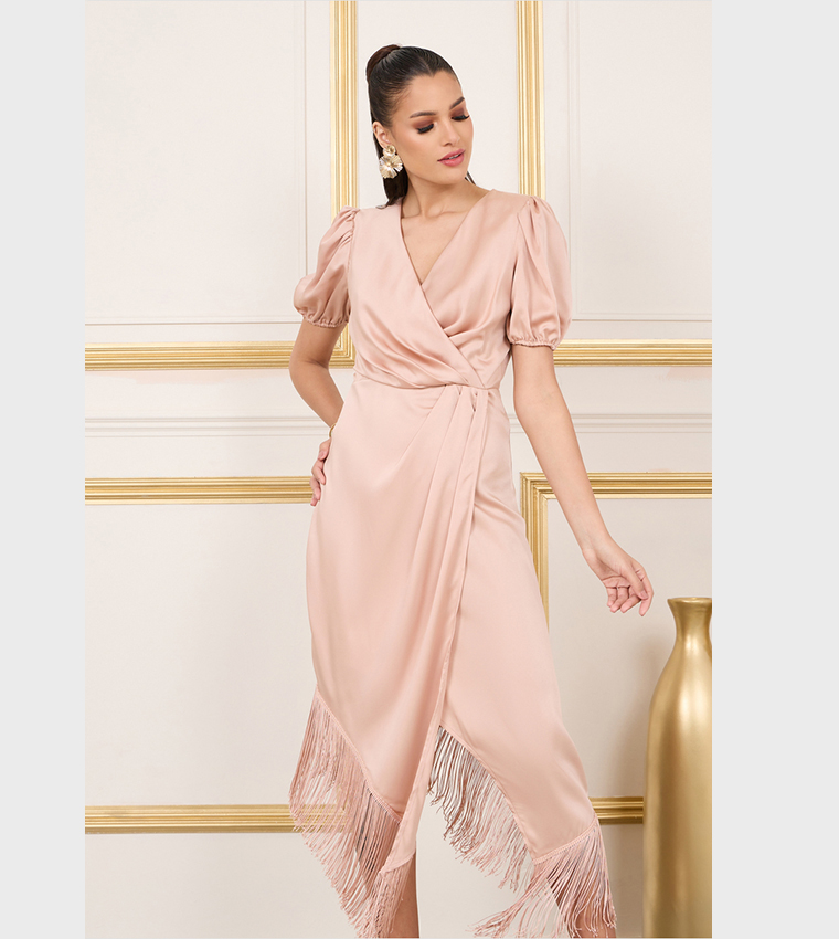 Satin Pleated Tassel Hem A-Line Midi Dress