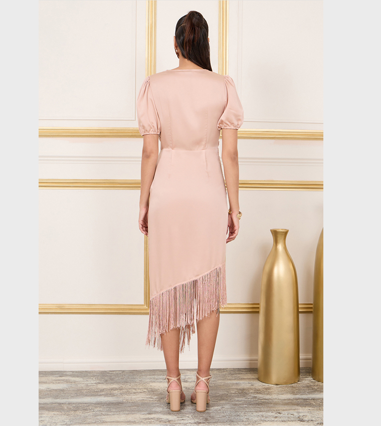Satin Pleated Tassel Hem A-Line Midi Dress