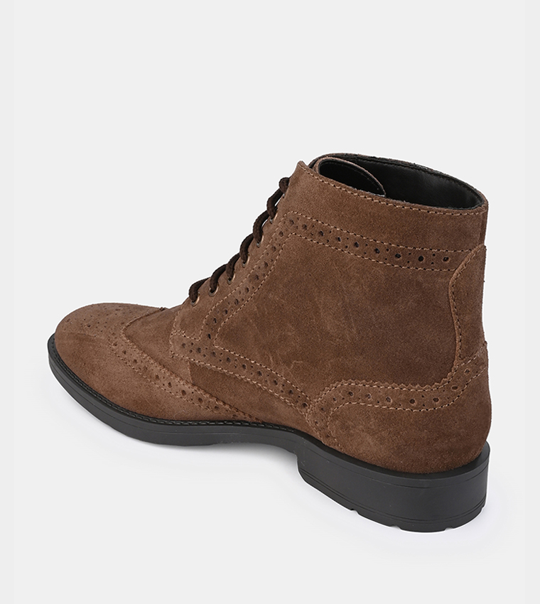 Genuine Leather Stitch Cut-Out Detail Brogue Boots