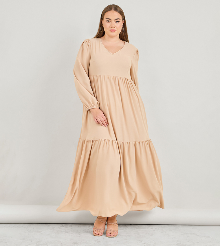 Buy Styli Solid V Neck Tiered Maxi Dress In Cream 6thStreet