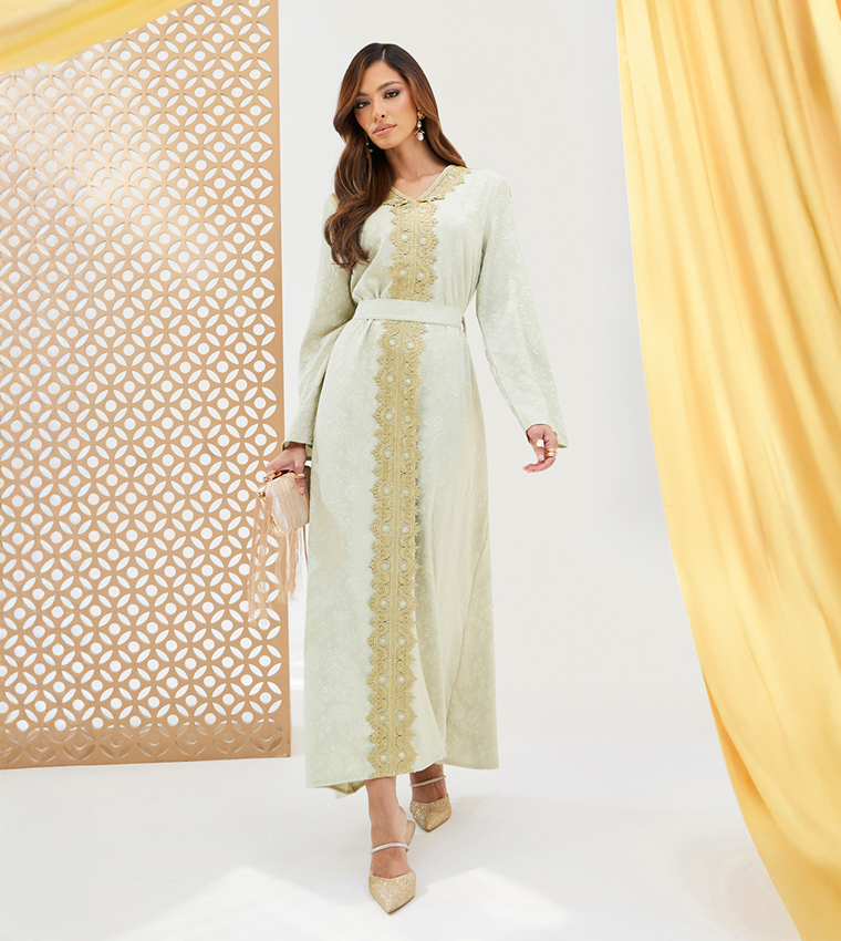 Jacquard V-Neck Kaftan Dress with Lace Detail