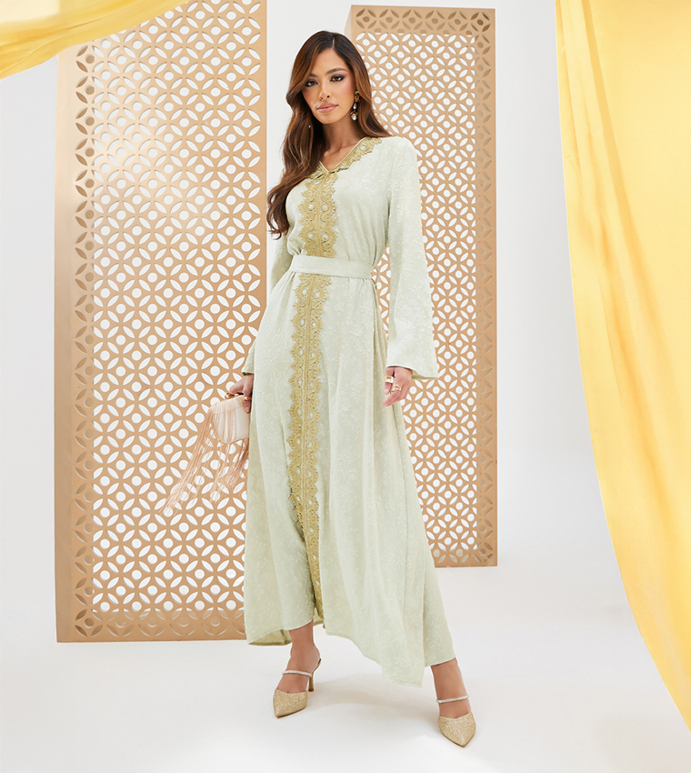 Jacquard V-Neck Kaftan Dress with Lace Detail