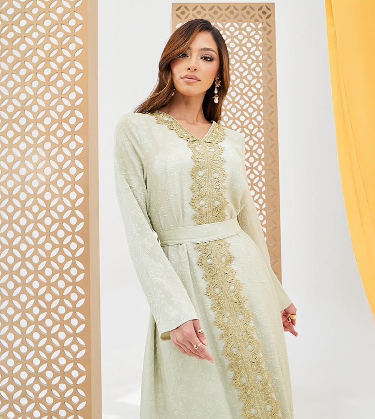 Jacquard V-Neck Kaftan Dress with Lace Detail