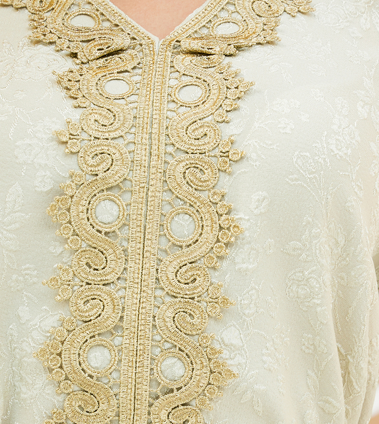 Jacquard V-Neck Kaftan Dress with Lace Detail