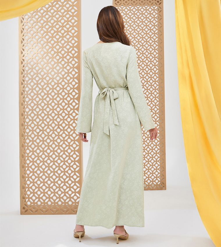 Jacquard V-Neck Kaftan Dress with Lace Detail