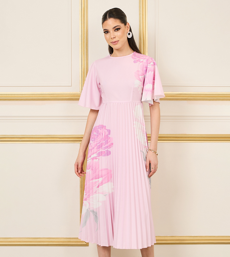 Floral Printed Pleated A-Line Midi Dress