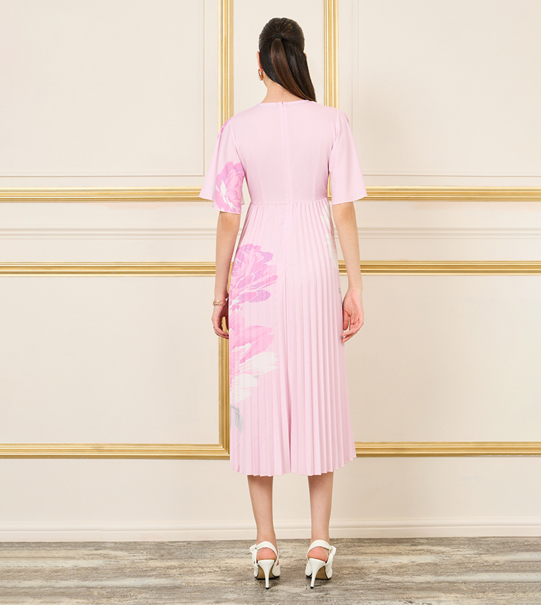 Floral Printed Pleated A-Line Midi Dress