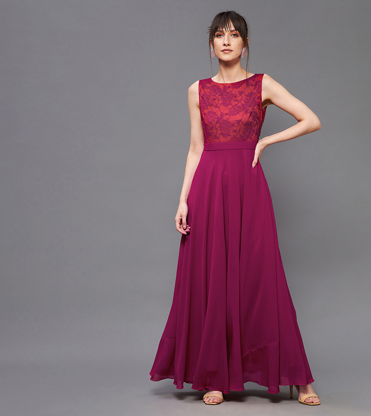 Floral Mesh Insert A-Line Maxi Dress