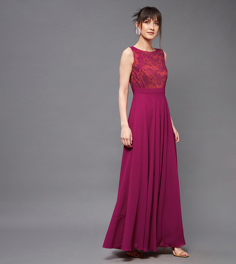 Floral Mesh Insert A-Line Maxi Dress