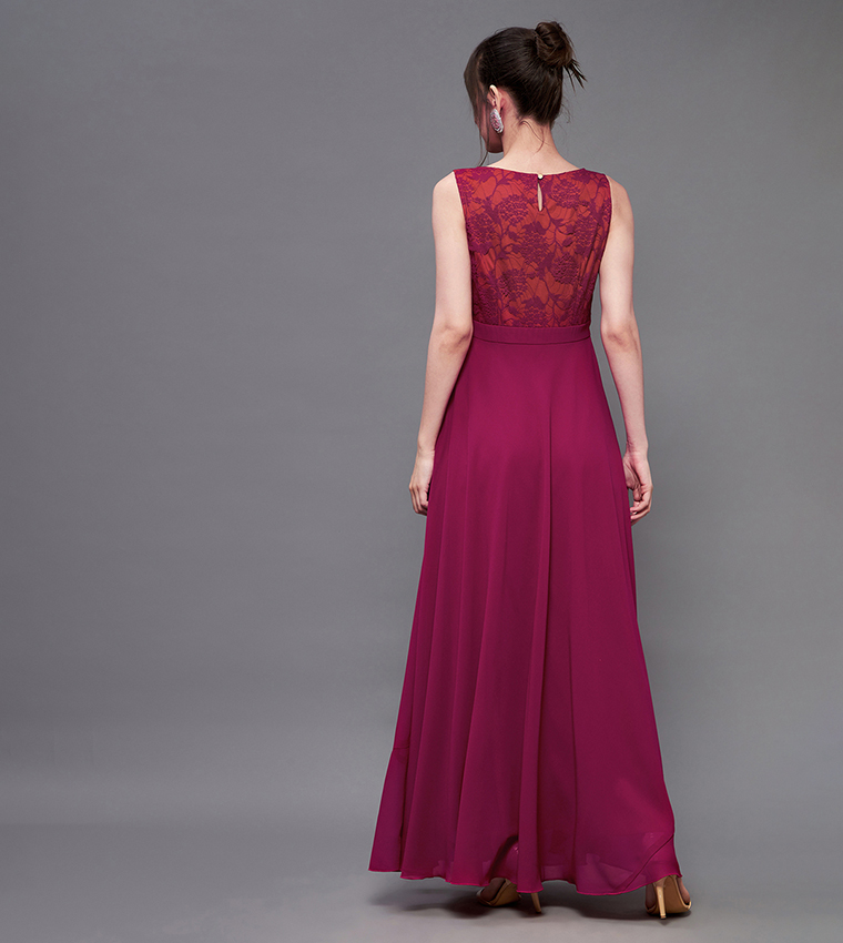 Floral Mesh Insert A-Line Maxi Dress