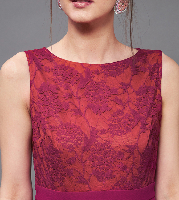 Floral Mesh Insert A-Line Maxi Dress