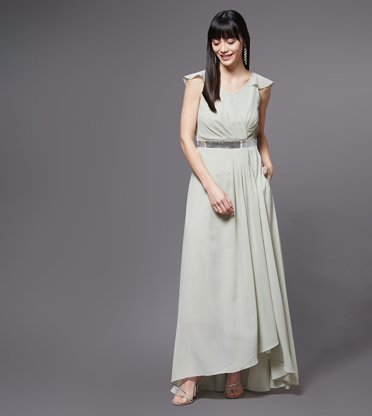 Sequins Detail Pleated A-Line Maxi Dress