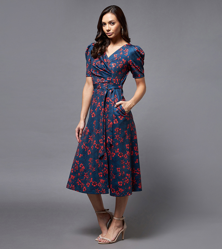 Floral Print Wrap Midi Dress