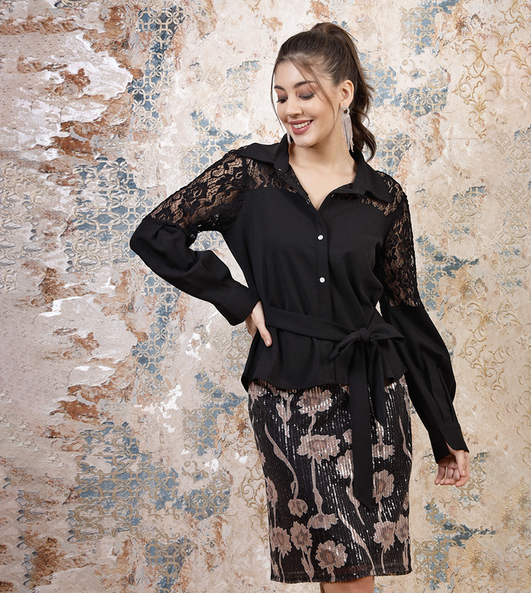 Buy Athena Lace Insert Shirt With Tie Waist In Black 6thStreet Saudi Arabia