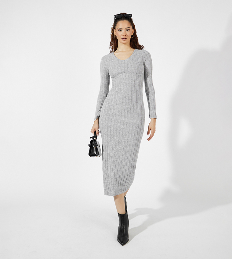 Ribbed V-Neck Bodycon Midi Dress
