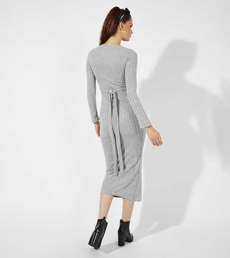 Ribbed V-Neck Bodycon Midi Dress